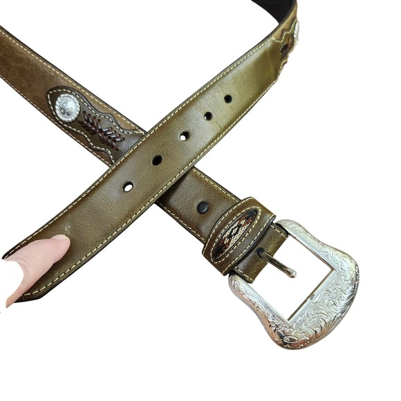 Nocona Belt Co. Top Hand Southwestern Concho Belt Olive Brown Size 44 - Picture 2 of 11